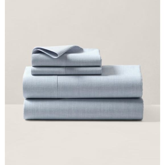 Ralph Lauren Queen Flat Sheet Workshirt Chambray Cotton Blue $215 NEW NWT - Picture 1 of 10